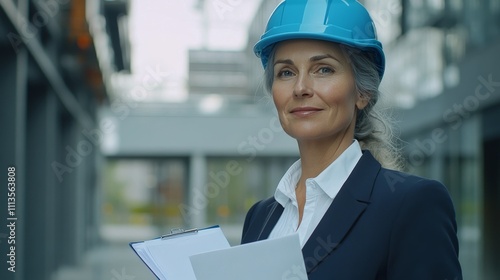 Professional woman in blue hard hat reviews plans at construction site in urb...