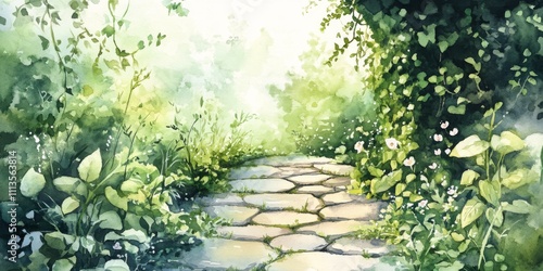 Pathway through a lush green garden filled with vibrant plants in soft light