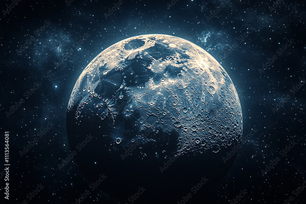 Fototapeta premium A lunar surface detail against a starry backdrop
