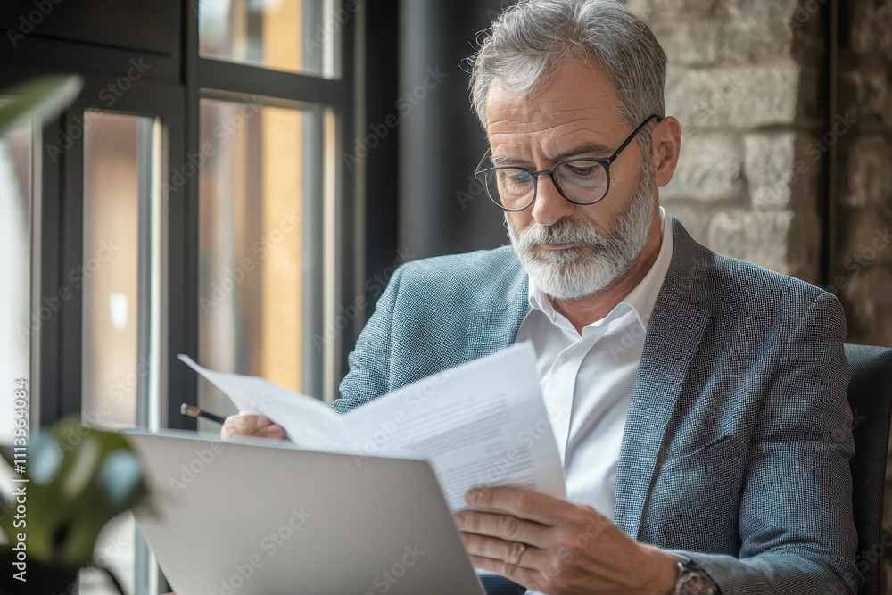 Happy busy older professional businessman entrepreneur holding bill corporate document in office Happy busy older professional businessman entrepreneur holding bill corporate document in office