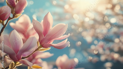 Blossoming magnolia flowers against a bright blue sky with bokeh effects