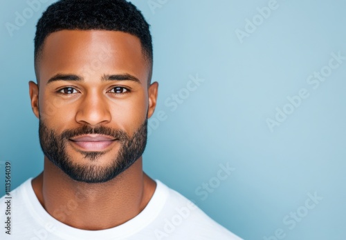 Confident young man with beard poses against a blue background in natural light
