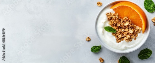 Healthy breakfast bowl with yogurt, granola, and fresh oranges on a light bac...