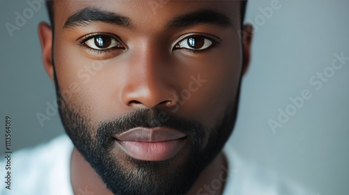 Close up portrait of a man with a well groomed beard and striking facial feat...