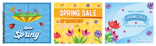 Hello Spring Banner Featuring. Spring Flourishing concept. Blooming flowers design. Set flat vector modern illustration 