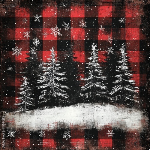 Festive winter scene with snow-covered trees against a red and black plaid background.