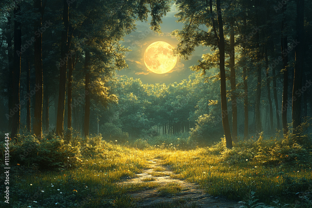 Fototapeta premium Moonlit Forest Path A Serene Night Scene