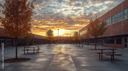 Vibrant autumn sunset over a quiet plaza with colorful trees and reflective p...