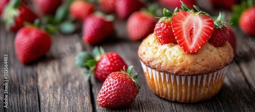 Fresh strawberries and cupcake on wooden table in natural light setting