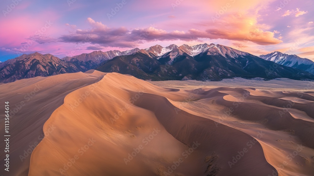 Sand Dunes and Majestic Mountains at Sunset Sand Dunes and Majestic Mountains at Sunset
