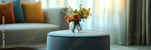 Decorative floral arrangement on a knitted ottoman in a cozy living room setting