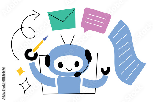 Cute cartoon robot creating texts, letters, and articles, artificial intelligence concept, AI vector illustration for communication, content generation, and technology themes