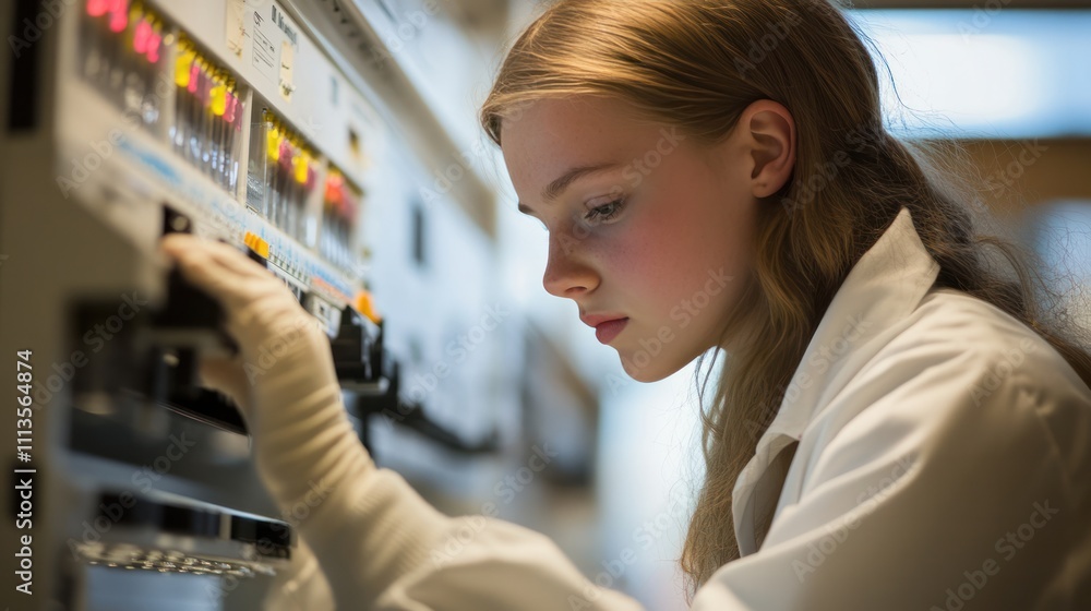 Woman working on bioinformatics projects in a high-tech laboratory Woman working on bioinformatics projects in a high-tech laboratory