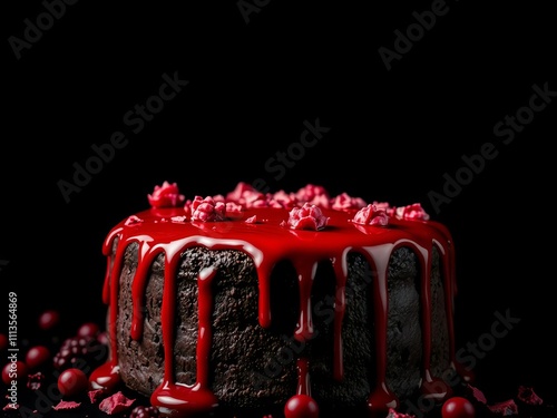 2 tier chocolate cake with red shiny icing, dripping berries, gothic horror design, Halloween event, wedding bakery, black background, black background, chocolate cake photo