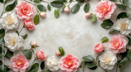 Floral arrangement with white and pink flowers on a neutral background in a d...