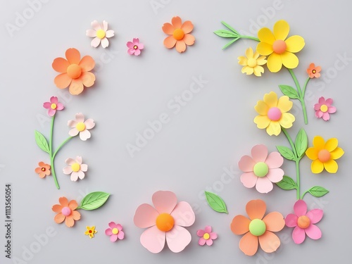 3D paper cut style pink and peach flowers on grey background, artistic, decorative photo