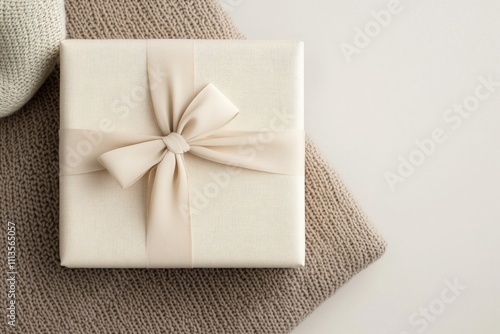Gift box with ribbon on soft textile background ready for celebration