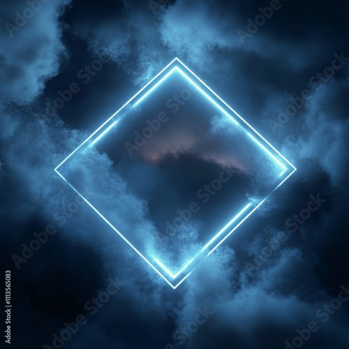 Bright blue diamond shape glowing in dark clouds at night