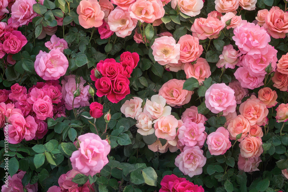 Lush pink and red rose bushes full of blooming flowers arranged in various formations Lush pink and red rose bushes full of blooming flowers arranged in various formations