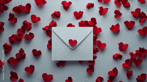 Colorful hearts surround a letter with a heart shaped seal floating against a...