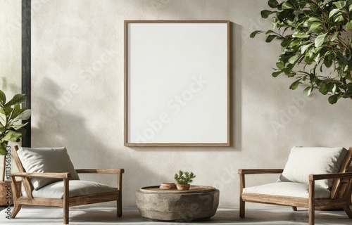 Modern minimalistic interior design with empty frame and houseplants in a bri...