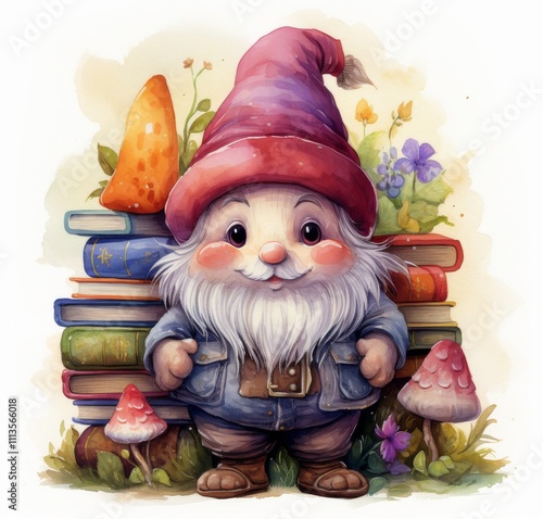 Adorable gnome standing beside colorful stacks of books in a whimsical garden...
