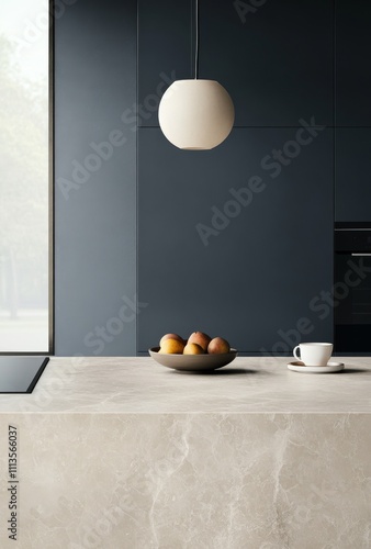 Elegant kitchen countertop featuring fresh green apples and a black cup in a ...