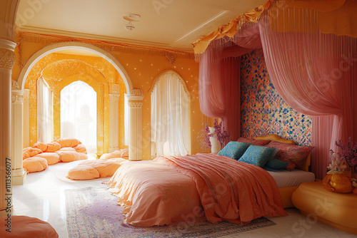 Luxurious Peach Bedroom With Archways And Canopy Bed photo