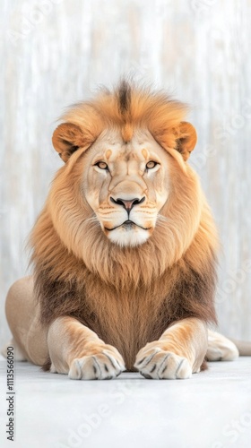 Majestic lion with a thick mane gazing directly at the camera in a lush green...