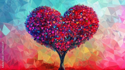 Heart Tree of Love: Vibrant, colorful illustration of a heart-shaped tree filled with smaller hearts, set against a geometric, abstract background. Perfect for Valentine's Day, love.
