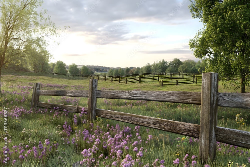 Serene landscape with a wooden fence and blooming flowers. Serene landscape with a wooden fence and blooming flowers.