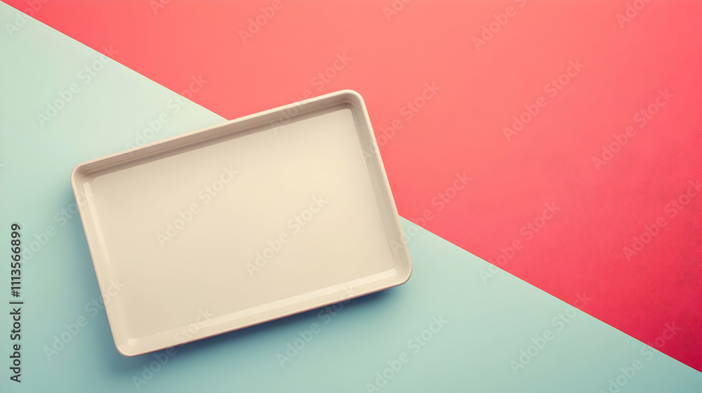 A simple, empty tray on a split pastel background, suggesting minimalism and organization. A simple, empty tray on a split pastel background, suggesting minimalism and organization.