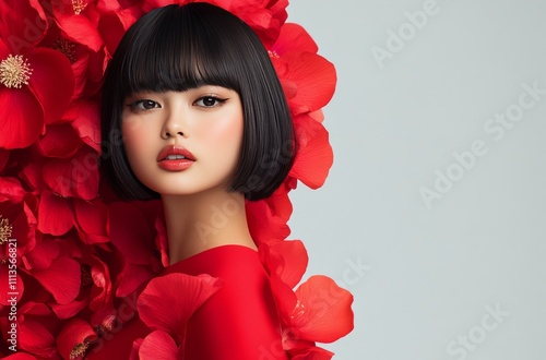 Elegant model showcasing striking red floral fashion against a dark backdrop
