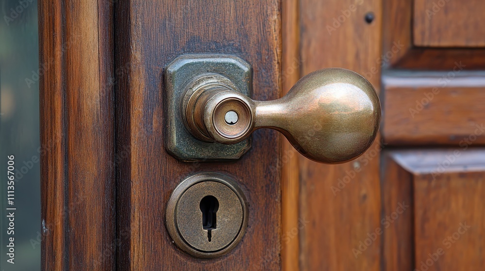 Antique brass doorknob on rich wood door. Perfect for themes of security, home, or classic design. Antique brass doorknob on rich wood door. Perfect for themes of security, home, or classic design.