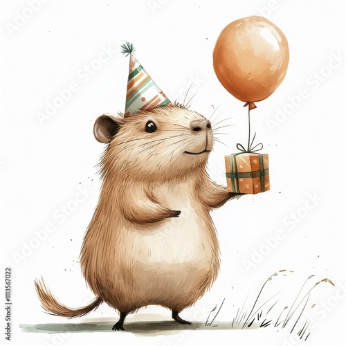 Festive small animal with balloons and a gift in a celebratory mood