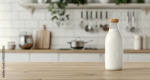 Fresh milk in a glass bottle on a wooden kitchen table with rustic decor
