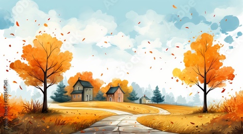 Colorful autumn landscape with pathways and cozy homes in a peaceful setting