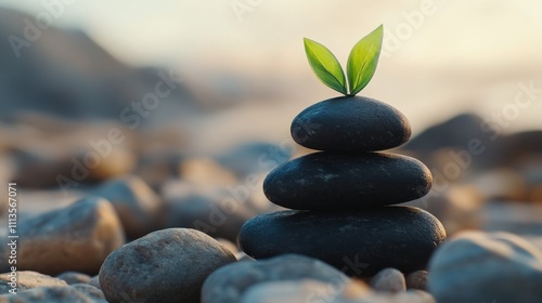 Stacked stones with green leaves symbolizing balance and nature at twilight
