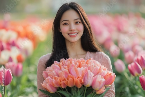 Young woman with bouquet of tulips in vibrant flower field during sunny sprin...