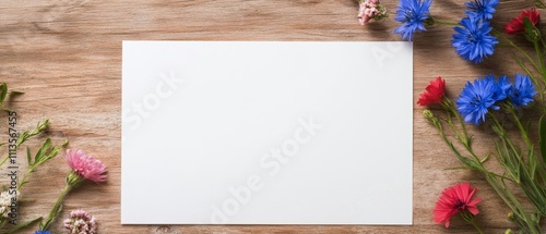 Blank paper surrounded by colorful flowers on a wooden surface during the day