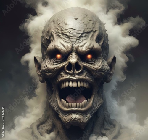 Illustration of devil spooky face in dramatic smoke.