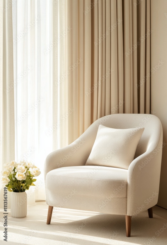Modern lounge chair with decorative plant in bright minimalistic living room setting Modern lounge chair with decorative plant in bright minimalistic living room setting