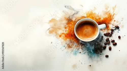 Coffee cup spills over with grounds and beans on a light marble surface near ...