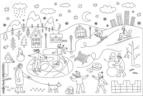 Winter park coloring page with people ice skating, playing snowballs, building snowmen, sledding, and skiing, detailed outdoor scene for kids, fun winter activity, outline illustration