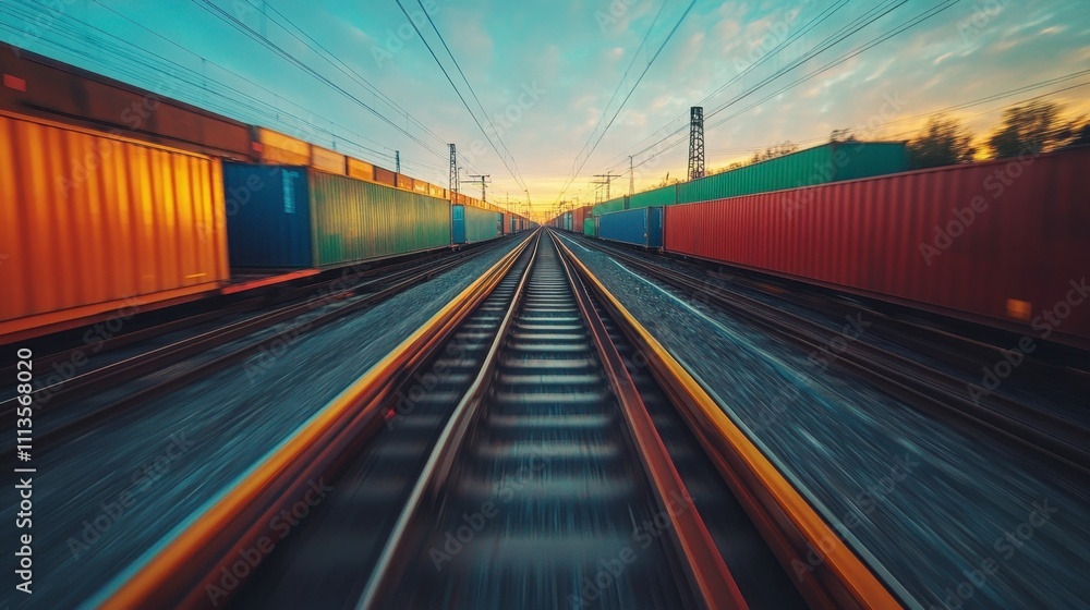 Naklejka premium Freight Train Transport Colorful Cargo Containers on Railway Tracks