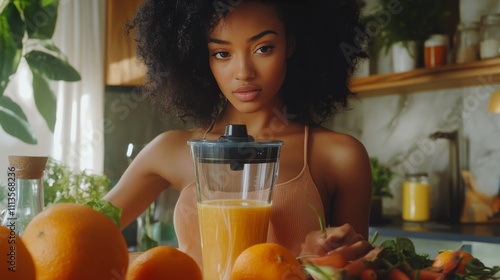 Preparing fresh juice in a cozy kitchen filled with vibrant fruits
