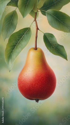 Ripe pear hanging on branch among green leaves in a serene natural environment