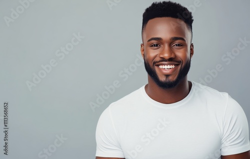 Smiling man dressed in white shirt with relaxed pose against gray background