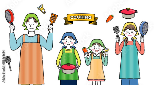 調理をするエプロン姿の若い家族イラスト 4c