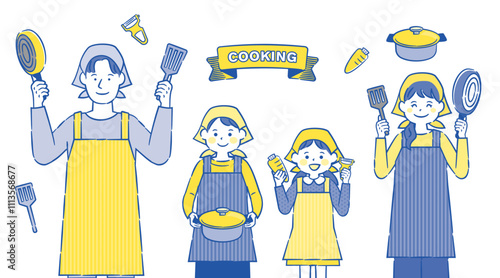 調理をするエプロン姿の若い家族イラスト 2c